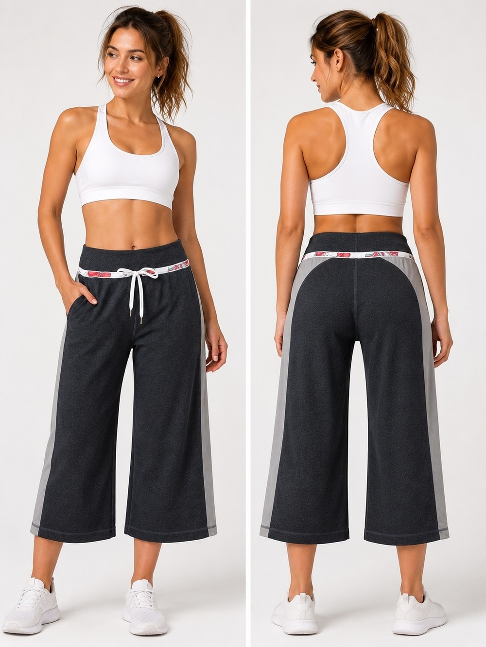lululemon athletica Charcoal Wide-Leg Crop Drawstring Pants with Gray Panels